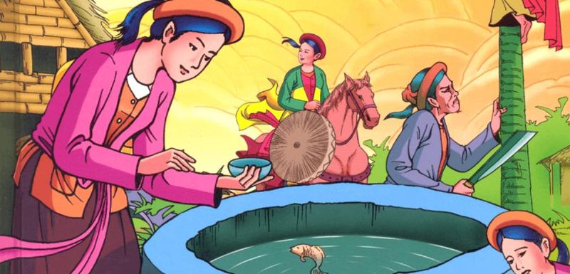 Một gia đình đang đọc sách truyện cổ tích về Thần Trụ Trời cho con nghe trong không gian ấm cúng
